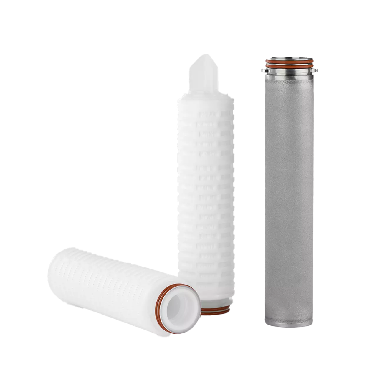 Three cylindrical water filter cartridges, two white with orange seals, one metallic gray with orange seal.