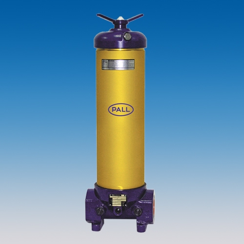 Yellow and purple Pall-branded industrial filtration unit against blue background.