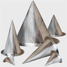 Five metal conical strainers with perforations of various sizes on a white background.