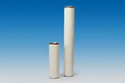 Two vertical white cylindrical containers of different heights with metal lids on a blue gradient background.
