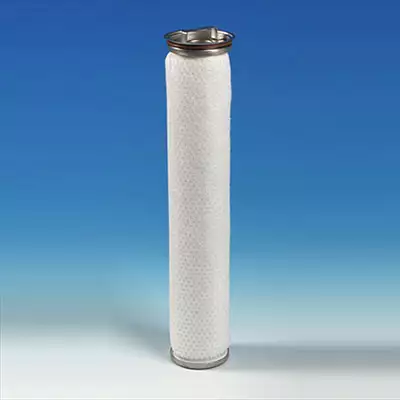 White cylindrical filter cartridge with metal caps on both ends against blue gradient background.