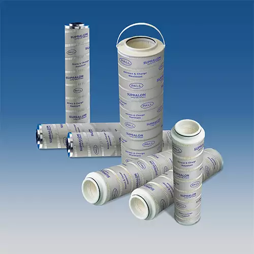 Several cylindrical Pall Supralon filters used for sterile and charged filtration against a blue gradient background.