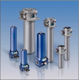 Seven cylindrical metal process cartridges of varying sizes on a reflective surface with blue background.