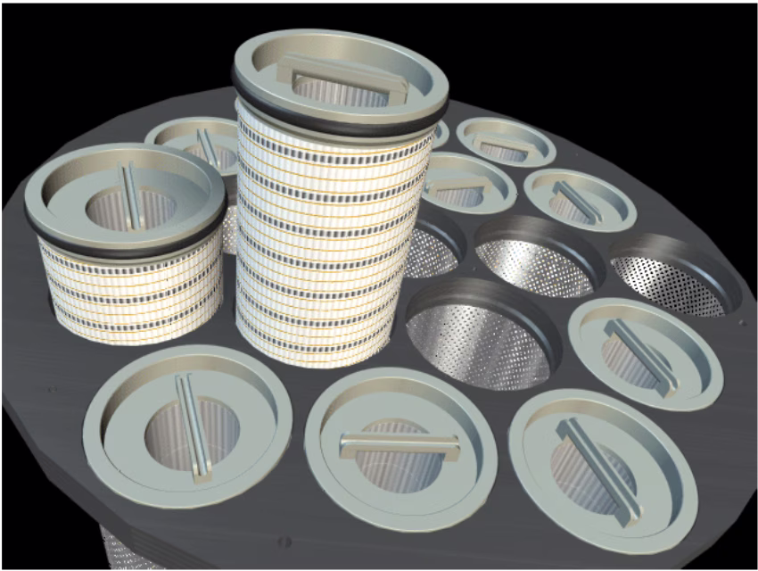 Metal filter cartridges of varied sizes mounted on a circular black base.
