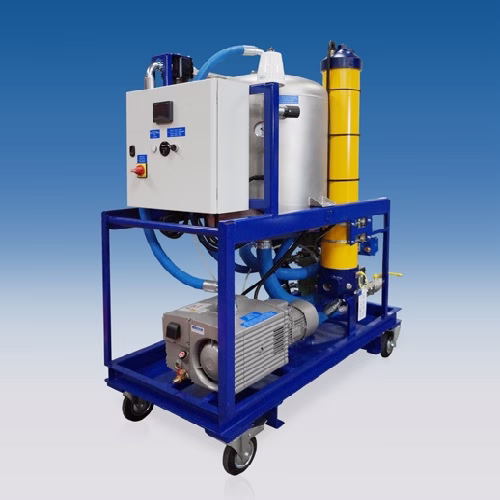 Industrial mobile filtration unit with motor, control panel, and yellow filter on a blue frame with wheels.
