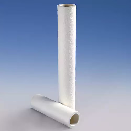 Two white cylindrical water filter cartridges, one standing and one lying on a gradient blue background.