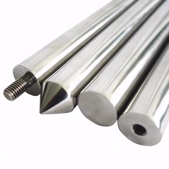 Four polished metal rods with different end shapes including threaded, pointed, flat, and hollow.