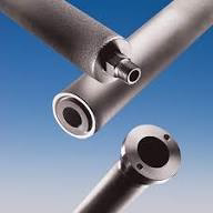Three metallic tubular components with flanges and threaded ends against a blue background.