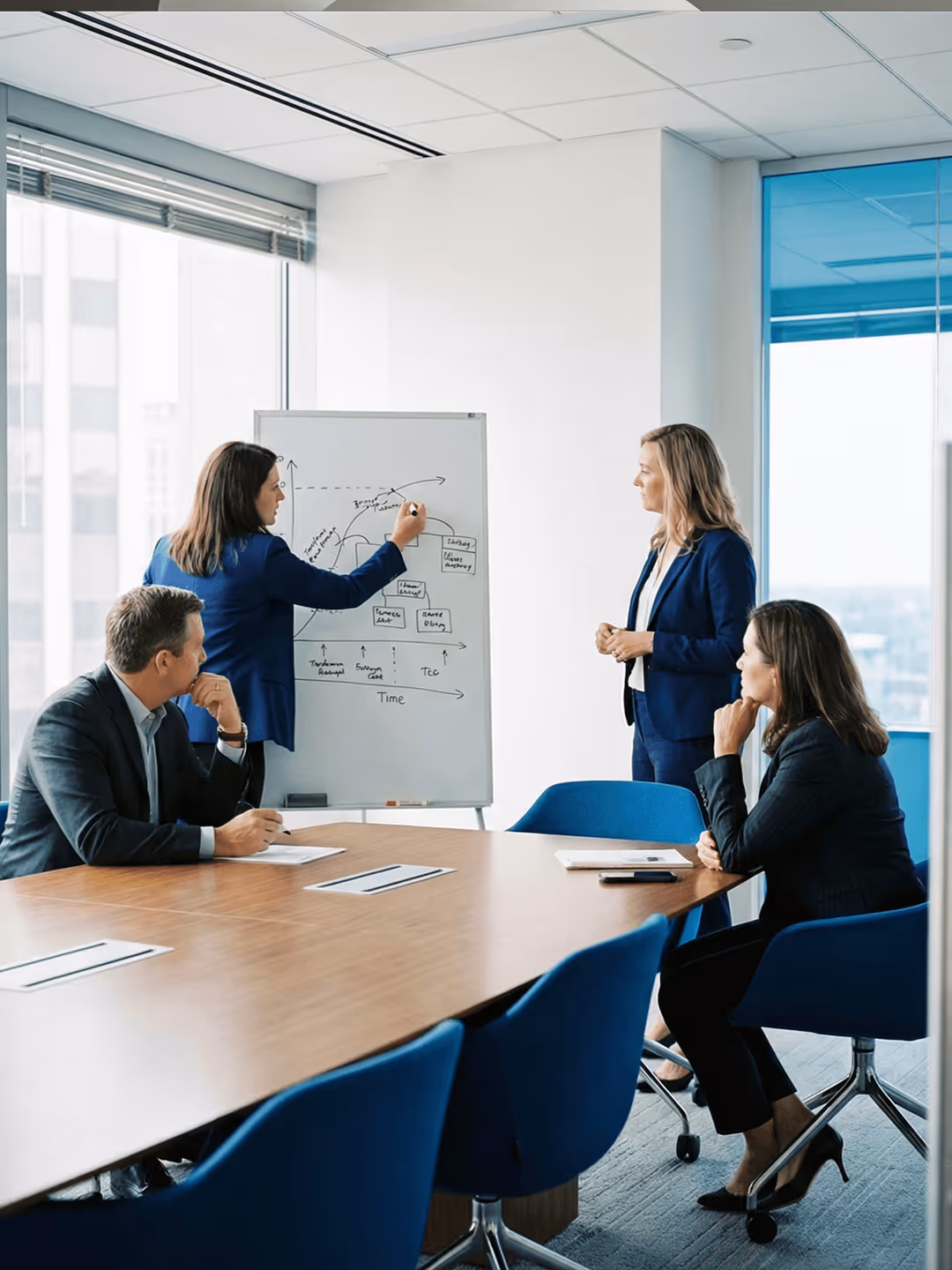 Person genießt Vorteile durch innovatives Produkt, abstrakte Symbole für Erfolg und Wachstum im Hintergrund.