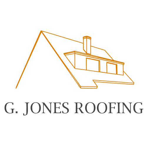 Outline of a house roof with a chimney in orange above the text G. Jones Roofing.