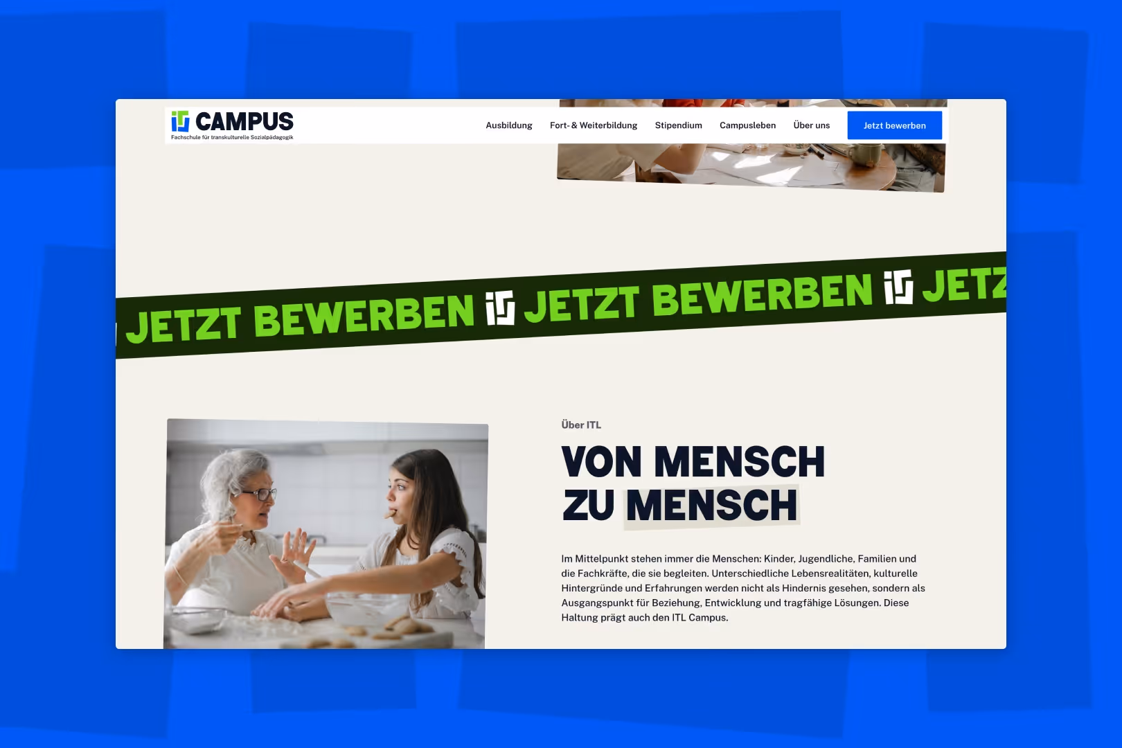 Website-Startseite des ITL Campus mit dem Slogan 'Von Mensch zu Mensch' und einem Bild von zwei Frauen, die in einer Küche backen.