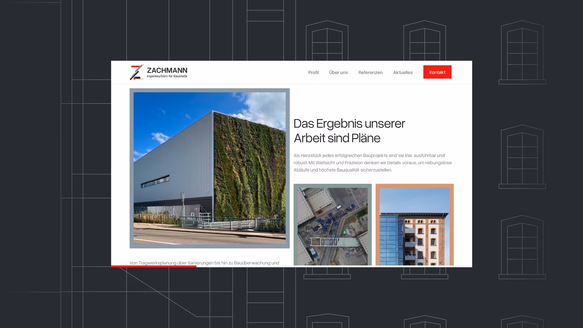 Webseite des Ingenieurbüros Zachmann mit Bildern moderner Architektur und Text über Baupläne und Bauqualität.