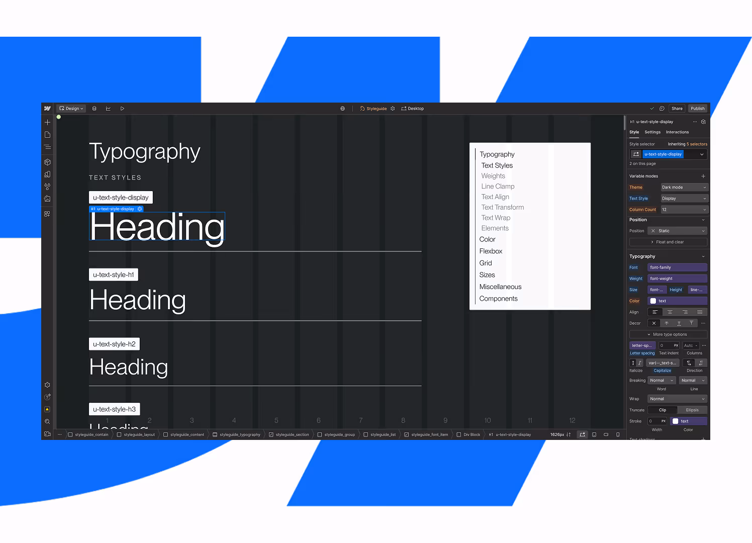 Screenshot of a web design tool interface showing typography text styles with headings of different sizes and a style settings panel on the right.