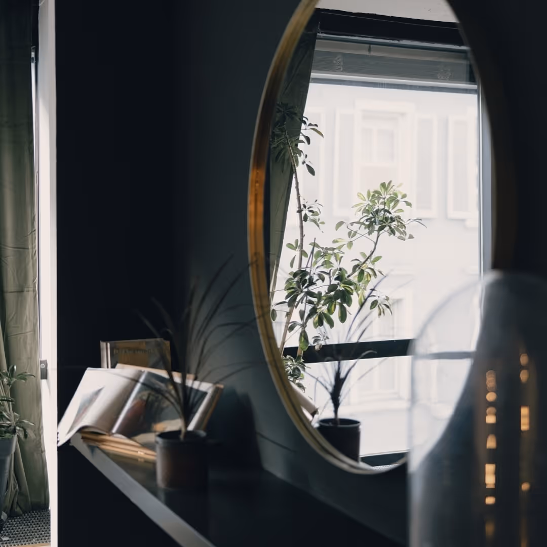 Reflexion einer Pflanze und eines Fensters in einem runden Wandspiegel über einer dunklen Ablage mit geöffnetem Buch und kleinem Blumentopf.