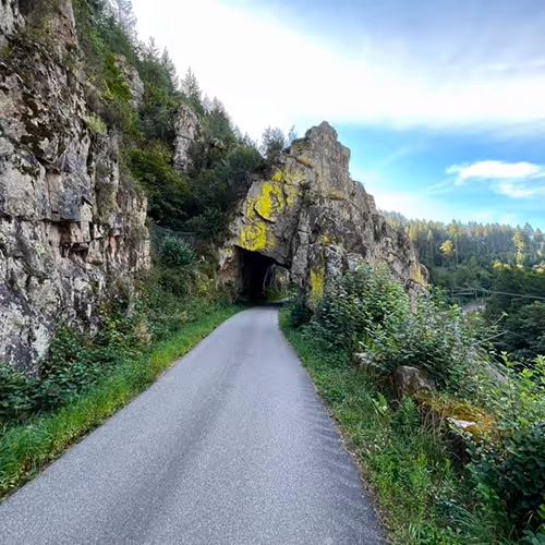 Schmale asphaltierte Straße führt durch eine natürliche Felsformation mit grünem Moos, umgeben von Wald und Hügeln.