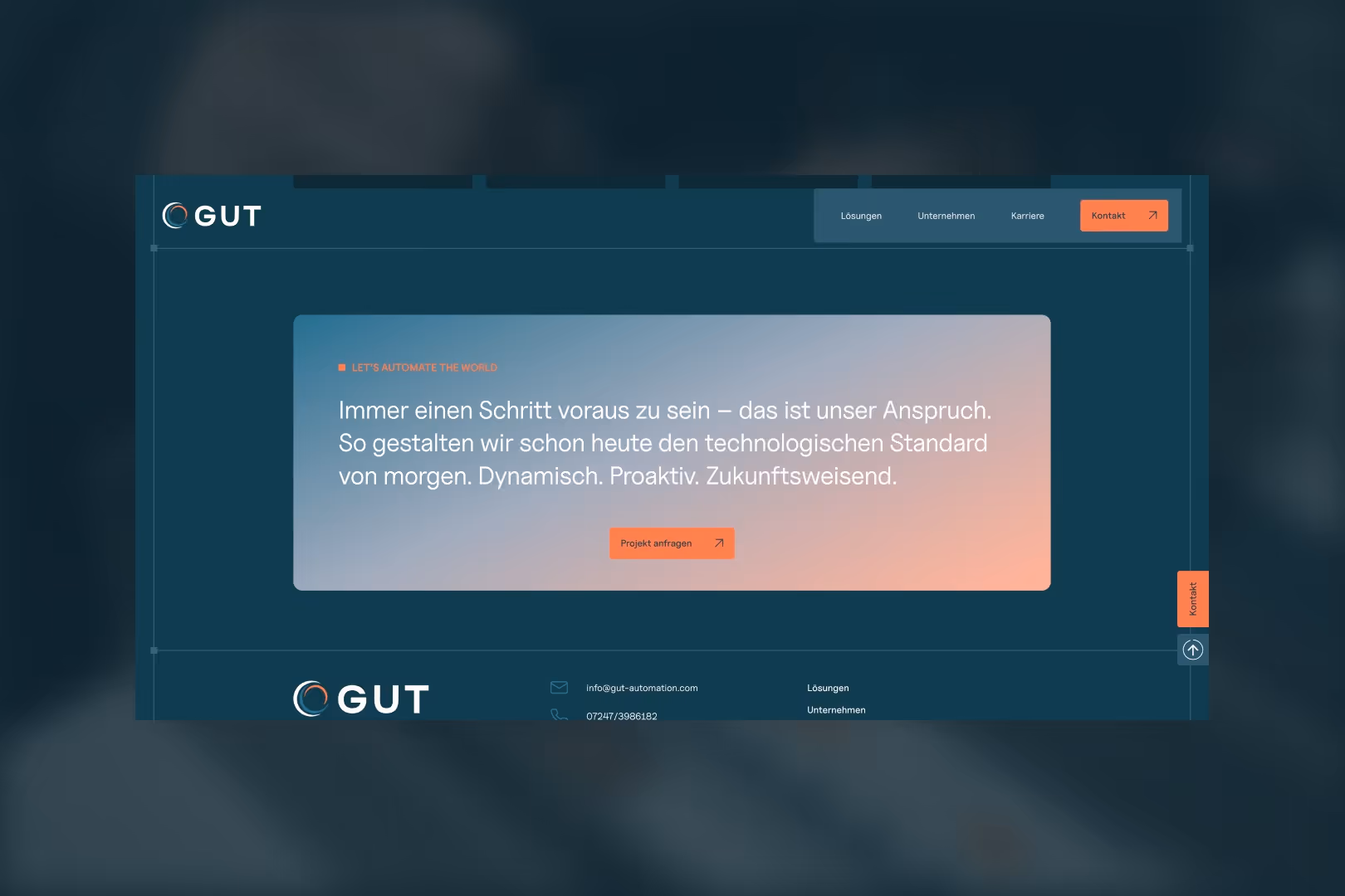 Website-Startseite von GUT mit dem Slogan 'Immer einen Schritt voraus zu sein – das ist unser Anspruch' vor einem Farbverlauf aus Blau und Orange.