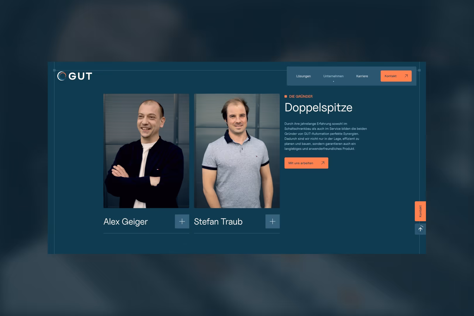 Porträts von Alex Geiger und Stefan Traub, den Gründern von GUT-Automation, neben einem Text über ihre Erfahrungen und Synergien.
