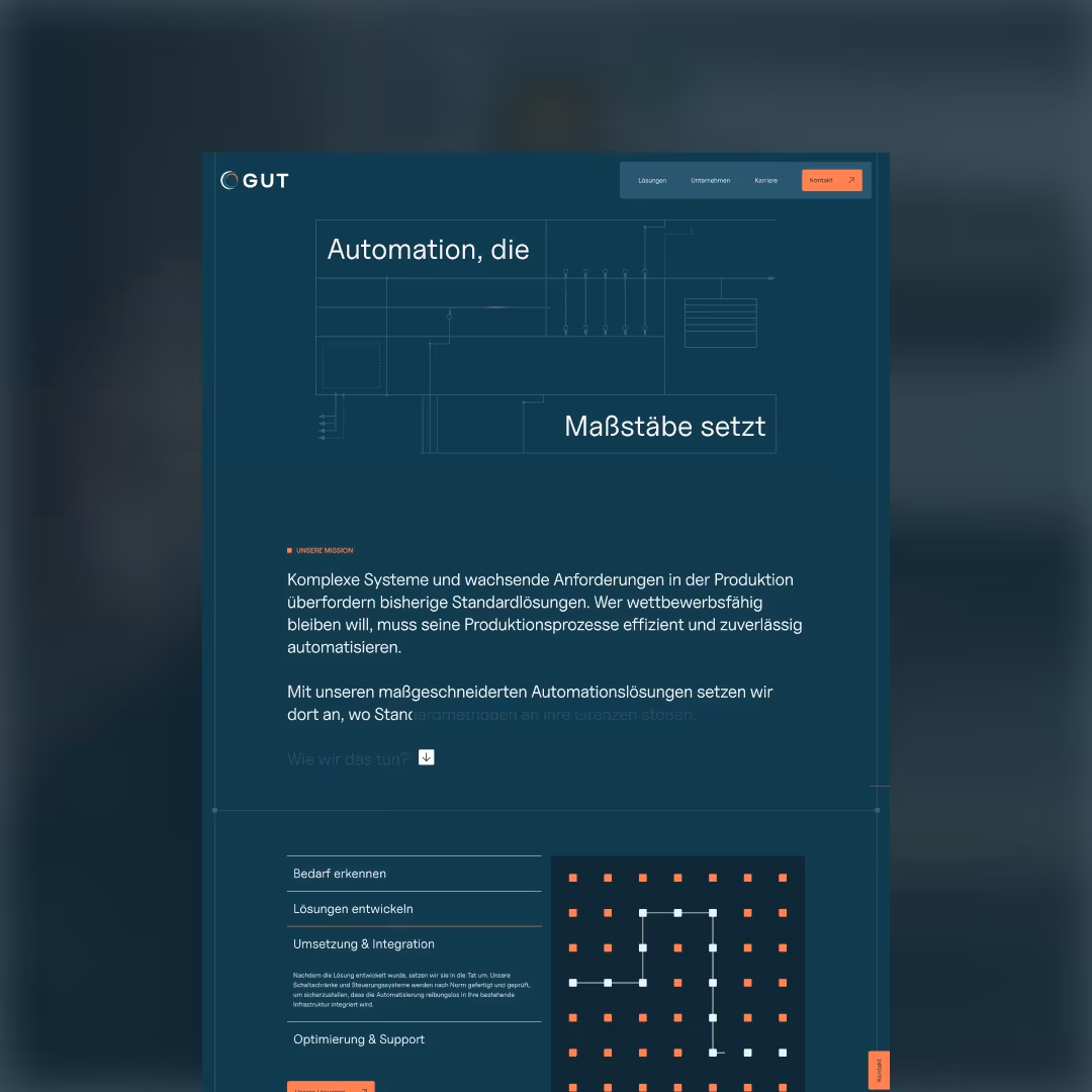 Webseite mit dem Titel 'Automation, die Maßstäbe setzt' und Text über maßgeschneiderte Automationslösungen für komplexe Produktionssysteme.