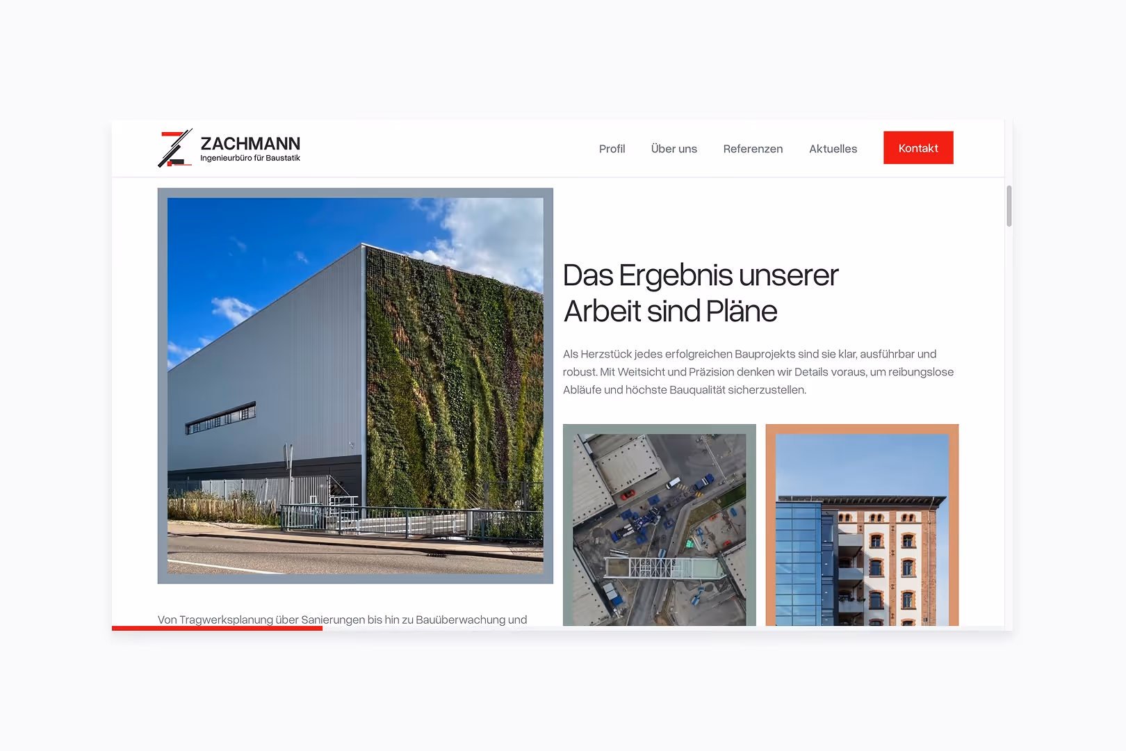 Webseite von ZACHMANN Ingenieurbüro zeigt ein modernes Gebäude mit begrünten und verglasten Fassaden sowie Baupläne und Text zur Planung und Bauqualität.