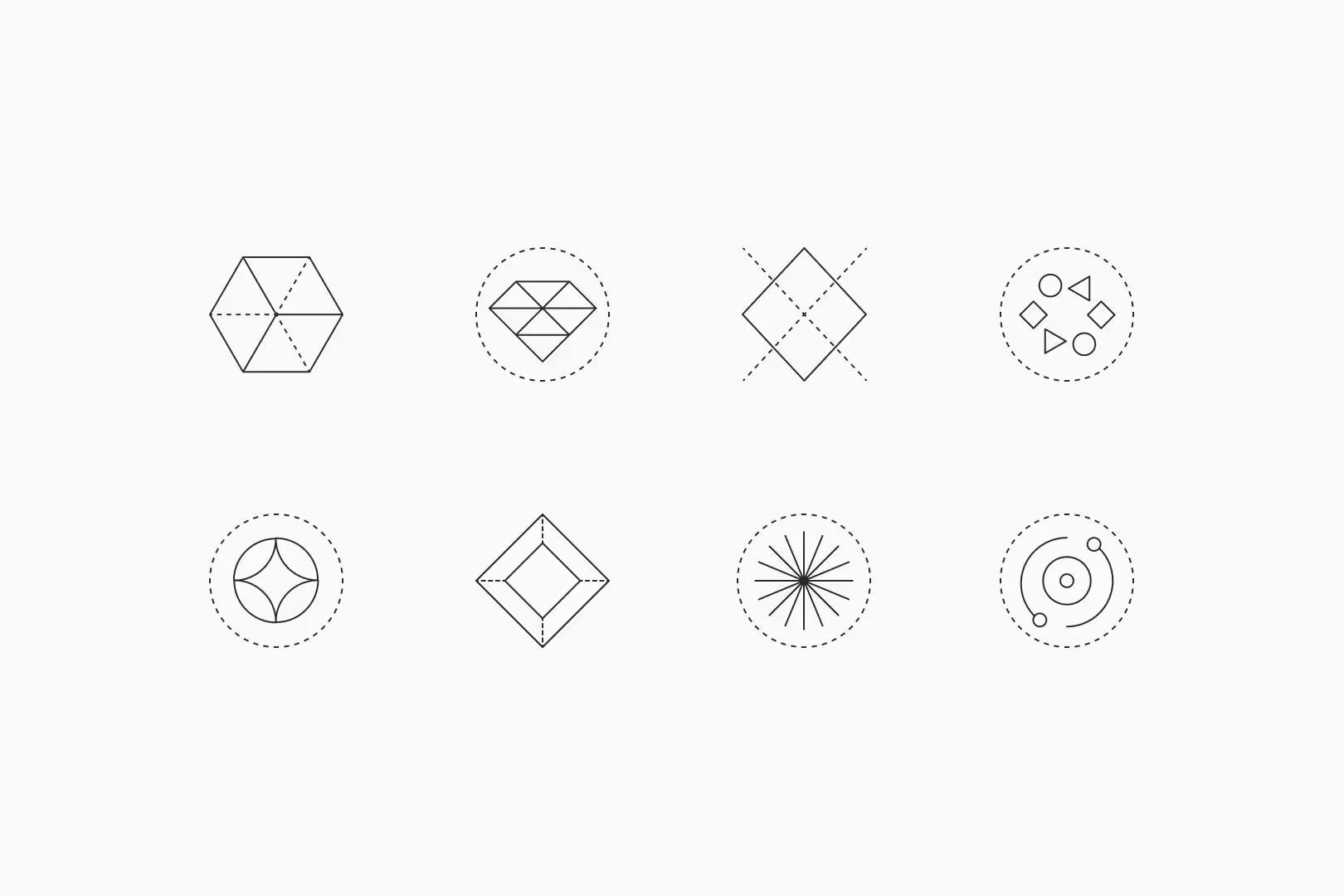 Acht minimalistische geometrische Designs in zwei Reihen, bestehend aus Hexagon, Diamant, Kreis mit kleinen Formen, Stern und Linien, alle im Strichstil.