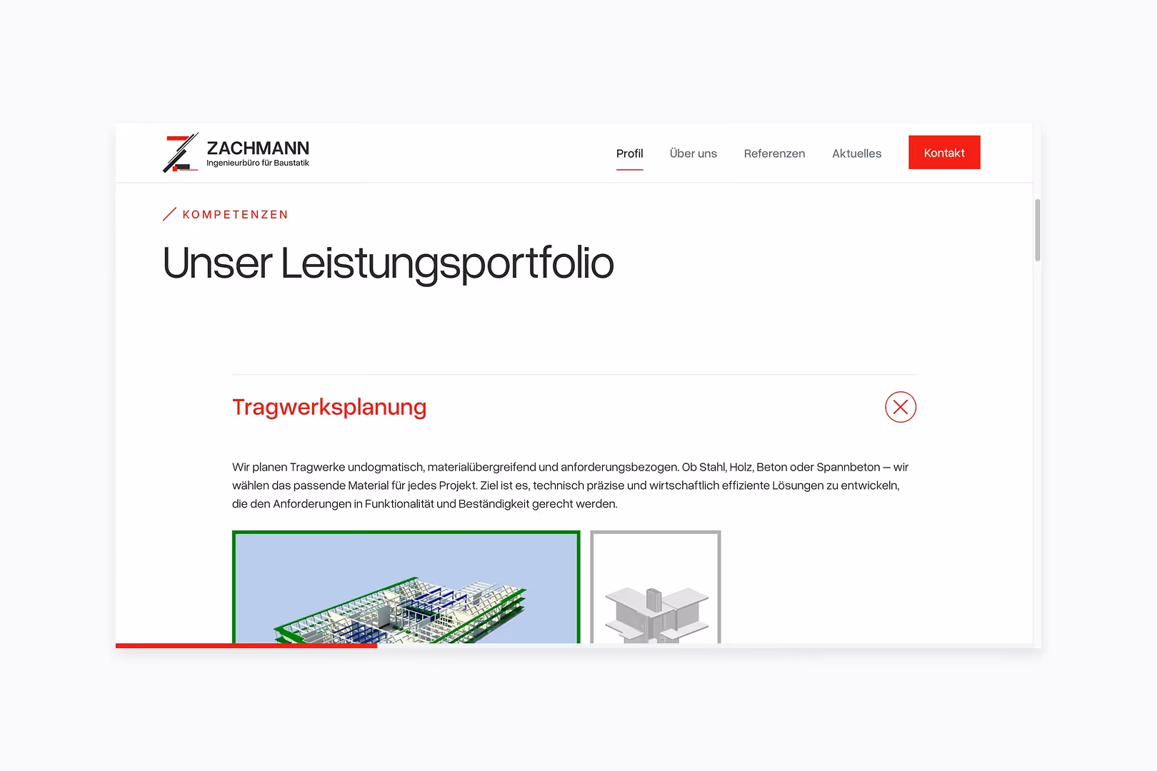 Webseite von Zachmann Ingenieurbüro mit dem Leistungsportfolio für Tragwerksplanung und Beschreibung der materialübergreifenden Planung für Stahl, Holz, Beton und Spannbeton.