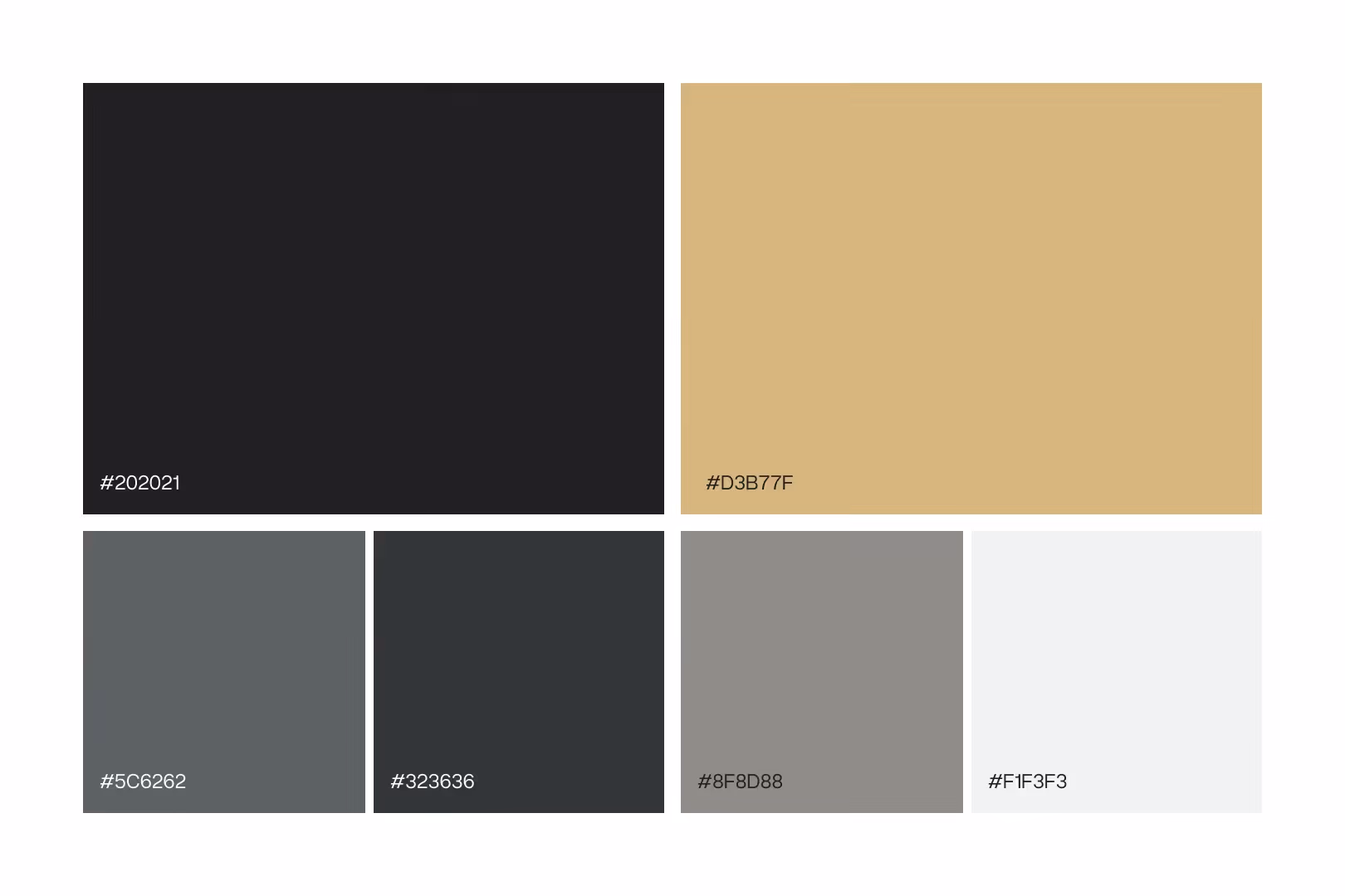 Farbfelder mit Hex-Codes: Schwarz #202021, Hellbraun #D3B77F, Dunkelgrau #5C6262, Anthrazit #323636, Hellgrau #8F8D88 und Weiß #F1F3F3.
