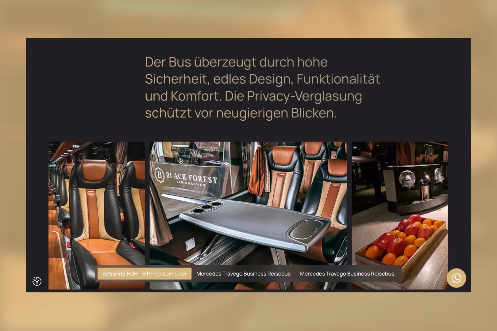 Innenansicht eines Luxus-VIP-Wohnmobils mit Ledersitzen, ausklappbarem Tisch und einer Schale mit frischem Obst.