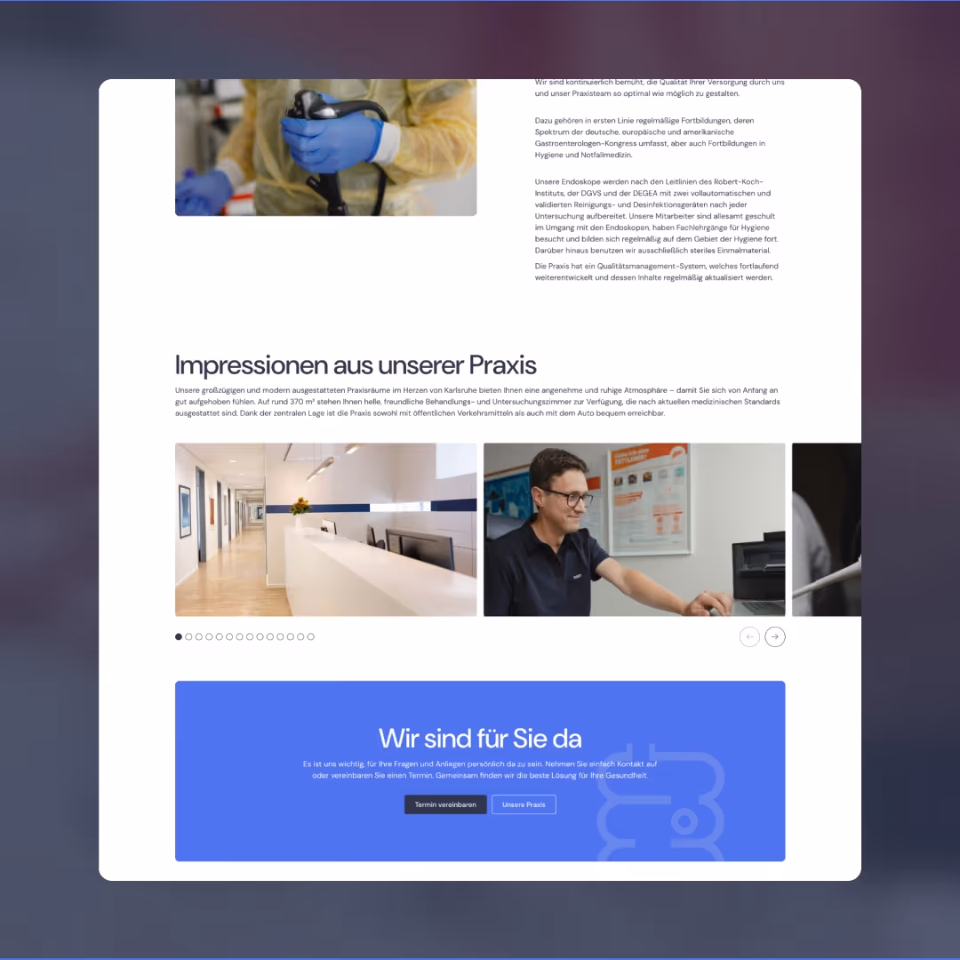Webseite mit Praxisimpressionen zeigt moderne Praxisräume, einen Mitarbeiter am Computer und einen Empfangstresen.