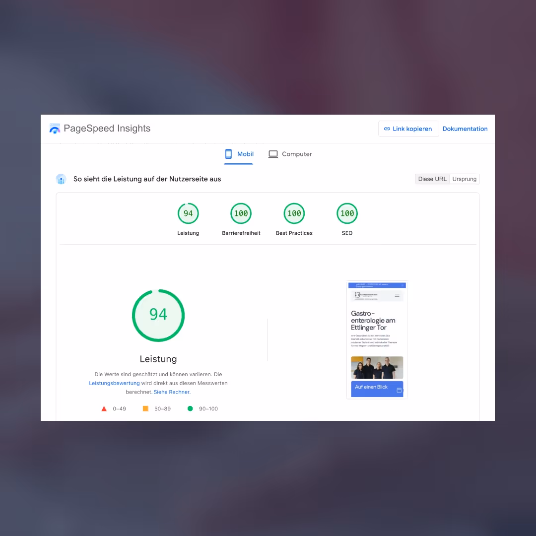 Google PageSpeed Insights Ergebnisse für mobile Leistung mit Werten: Leistung 94, Barrierefreiheit 100, Best Practices 100, SEO 100.