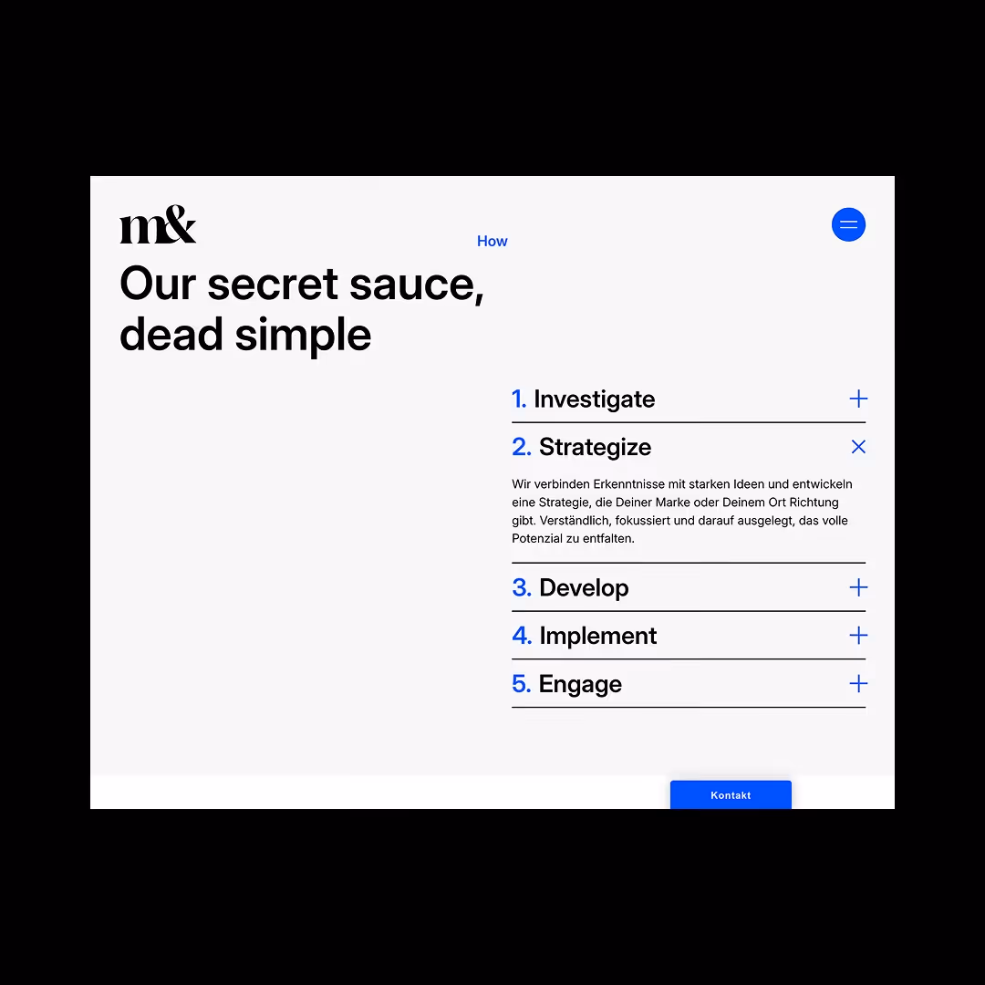 Website section titled 'Our secret sauce, dead simple' listing five steps: Investigate, Strategize with explanation text, Develop, Implement, and Engage.