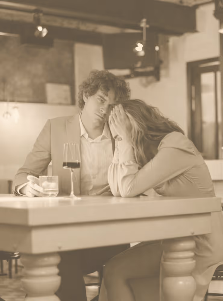 Een mannelijke partner troost zijn vrouw die haar hoofd in haar handen heeft op een tafel met twee glazen drank.