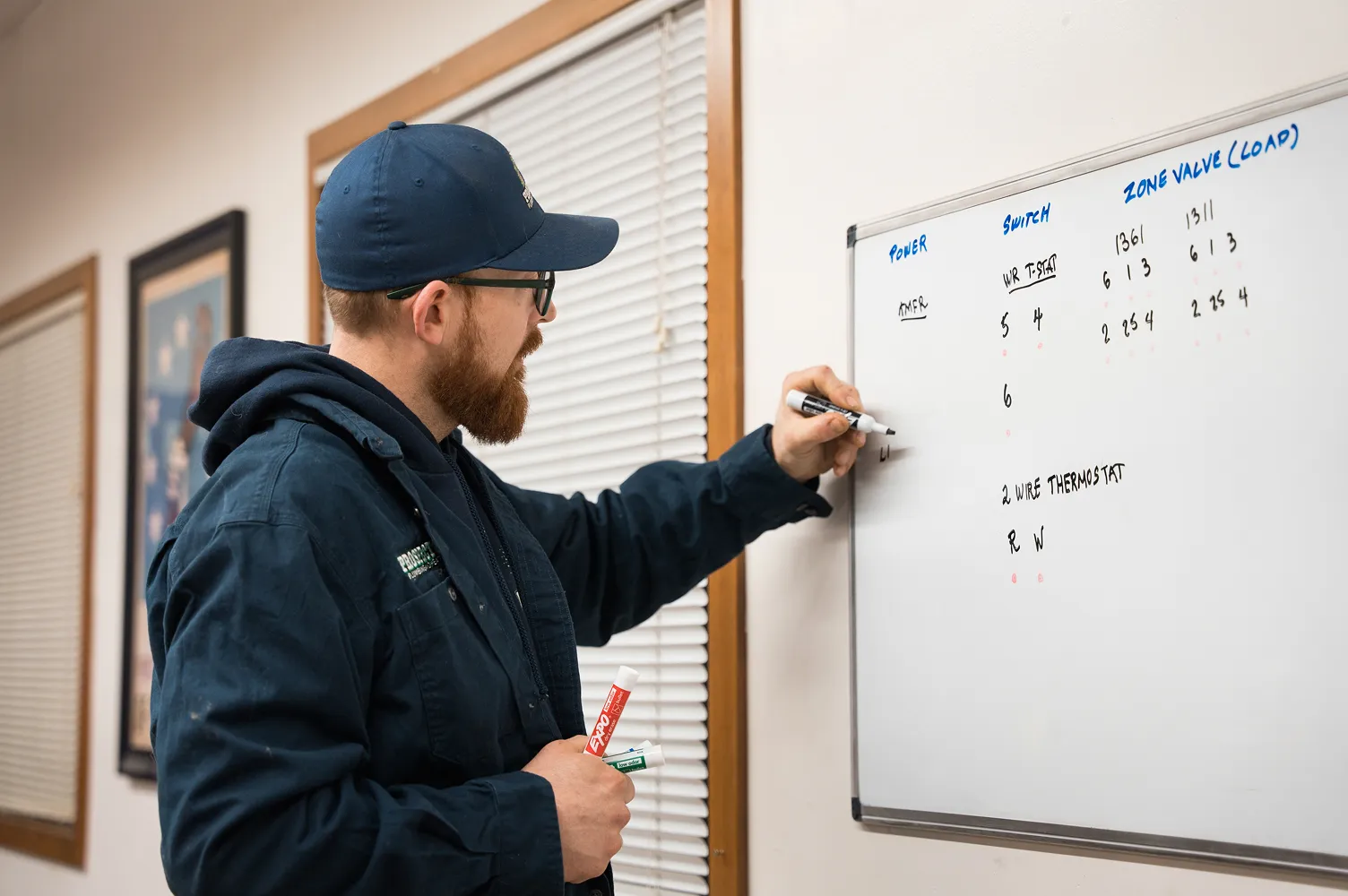 Man in a blue cap and jacket writing on a whiteboard with technical notes about power, switch, and zone valve load.