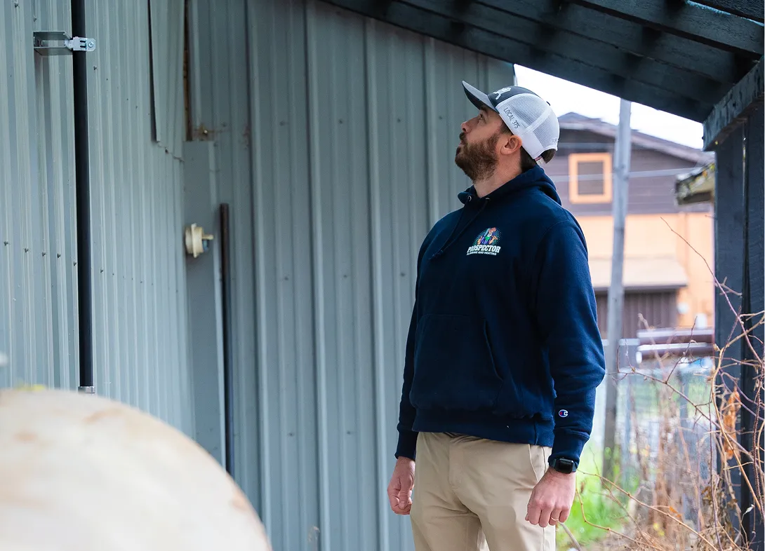 Man wearing a navy hoodie and white baseball cap looking up at the side of a metal building under a dark roof.