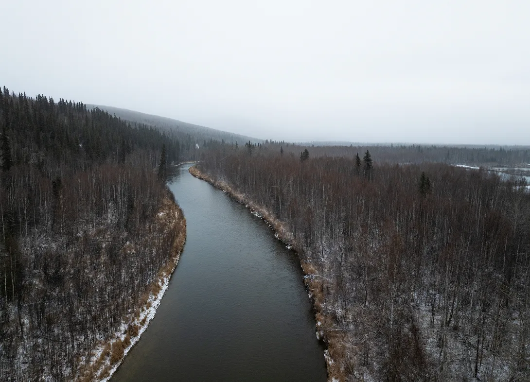 A calm river winding through a snowy forest landscape under a gray, overcast sky.