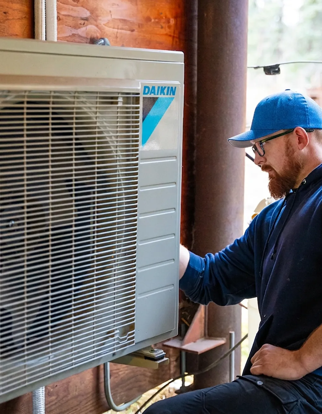 Technician wearing a blue cap and glasses inspecting a Daikin air conditioning unit mounted on a wooden wall.