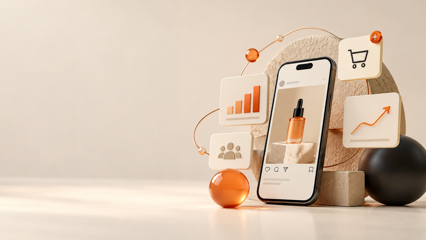 imagine cu un telefon deschis pe social media. cateva elemente de business plutesc in jurul imaginii pentru a sugera social media marketing.
