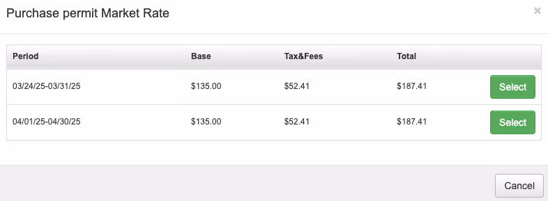 Screenshot with examples of Diamond Parking service fees for monthly parking