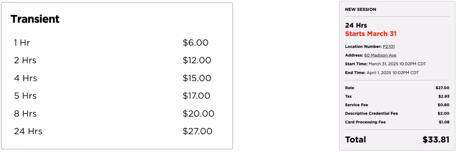 Second screenshot with examples of Premium Parking service fees for hourly parking