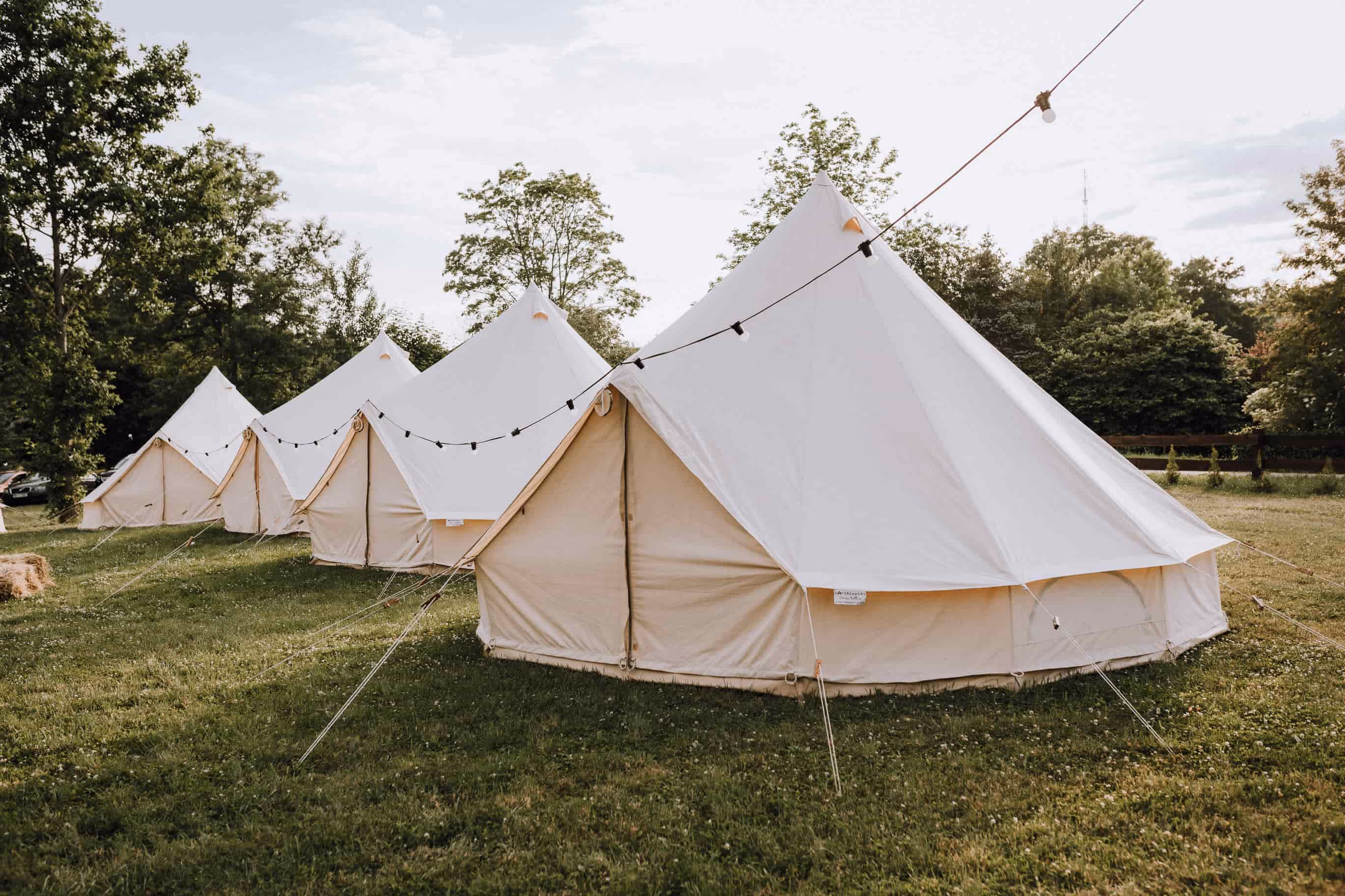 Four large cream-colored canvas tents set up in a row on green grass with trees in the background and string lights hanging above.