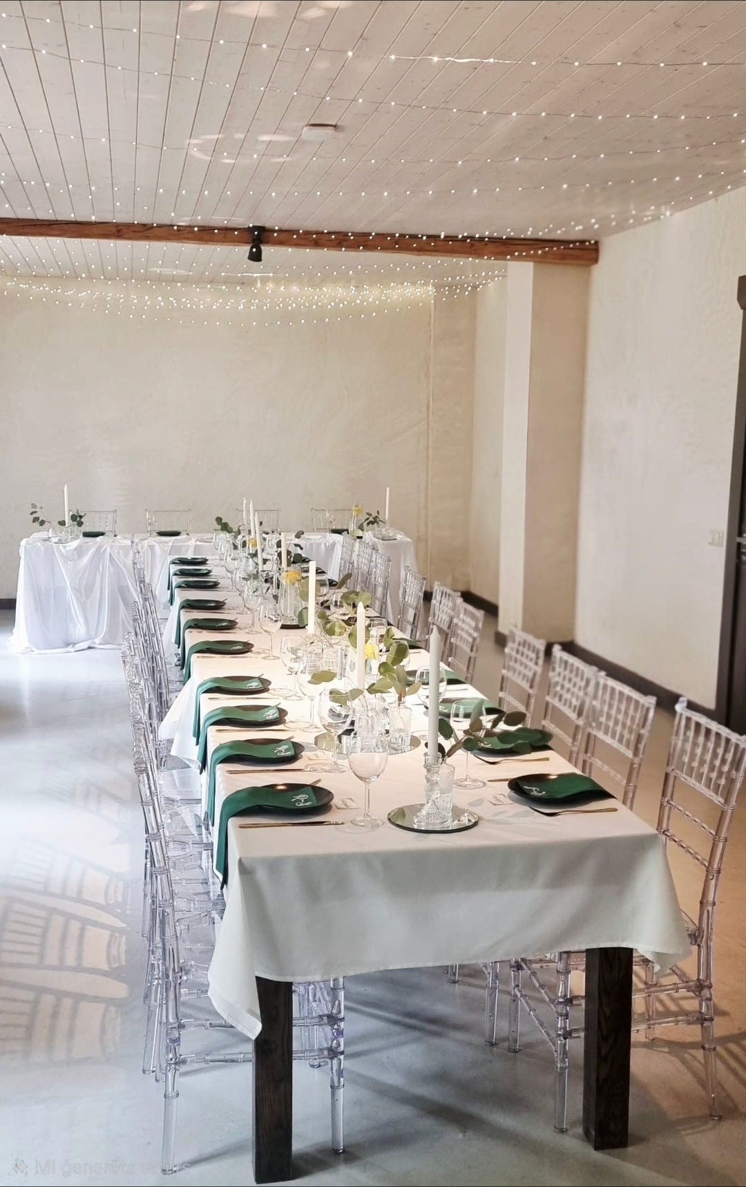 Long dining table set for a formal event with white tablecloth, transparent chairs, green napkins, glassware, candles, and greenery centerpieces under string lights on the ceiling.