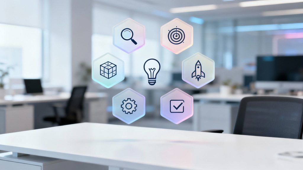 Empty office workspace with floating icons representing a magnifying glass, target, cube, light bulb, rocket, gear, and checkmark.