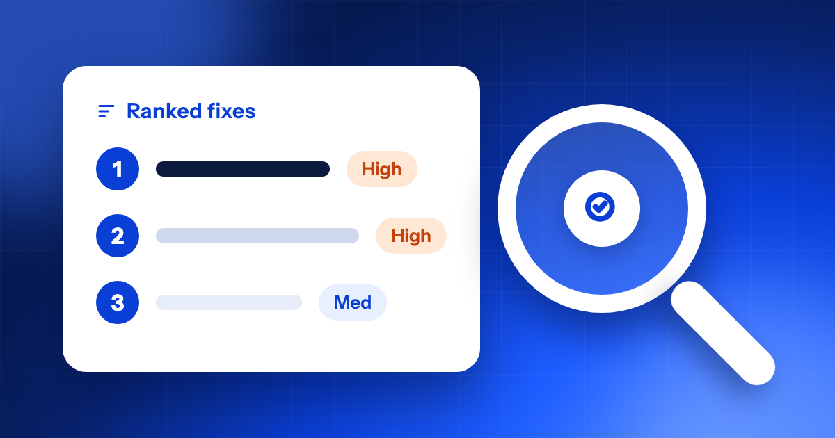 Illustration: a ranked list of website fixes under a magnifying glass