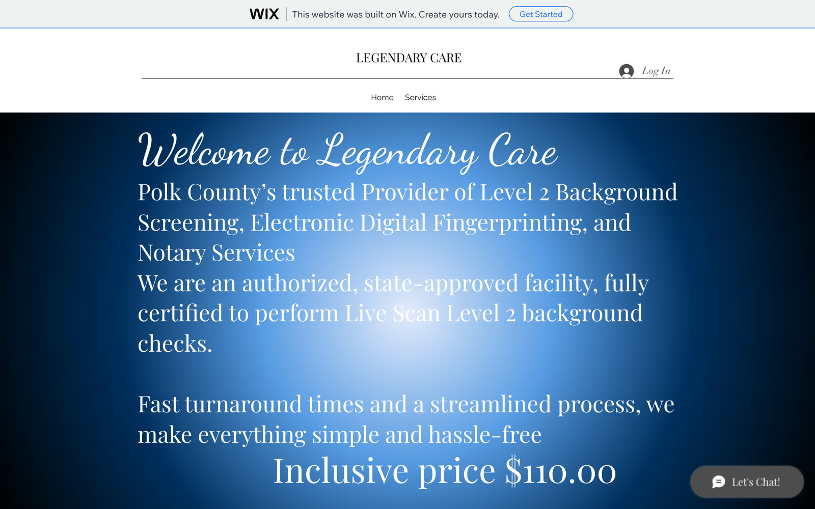 Legendary Care website before Markito: a free Wix page