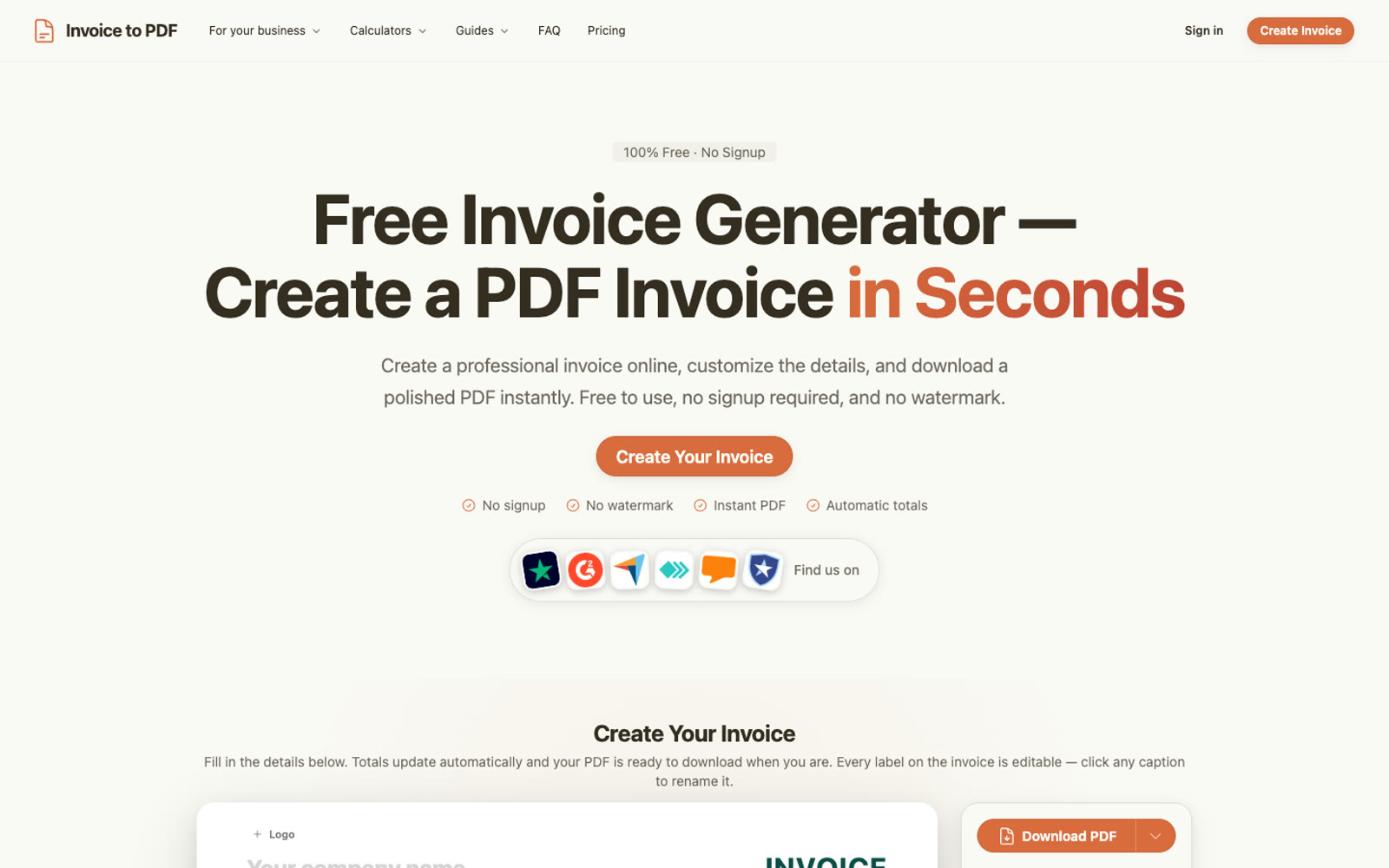 Invoice to PDF website before the redesign