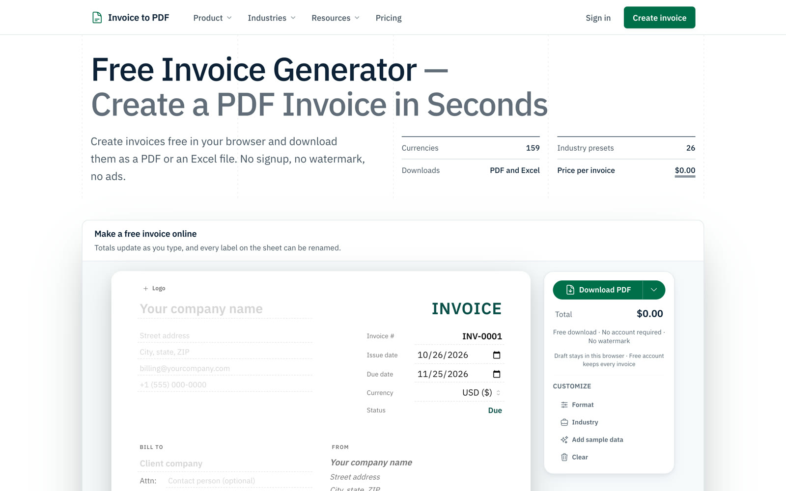 Invoice to PDF website after the redesign