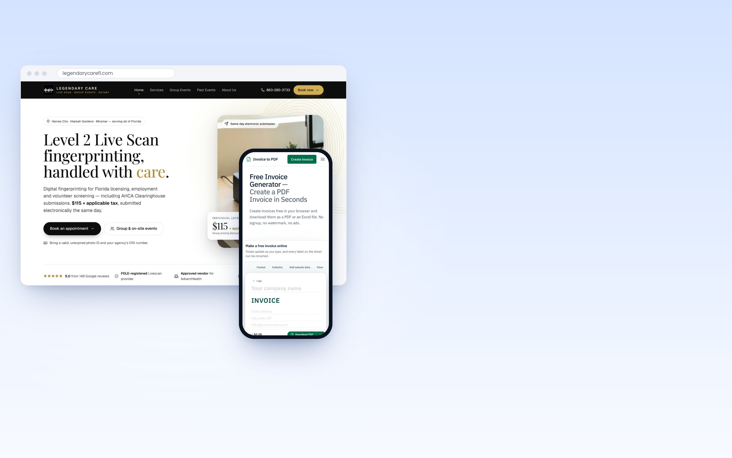 Websites built by Markito: Legendary Care on a laptop and Invoice to PDF on a phone