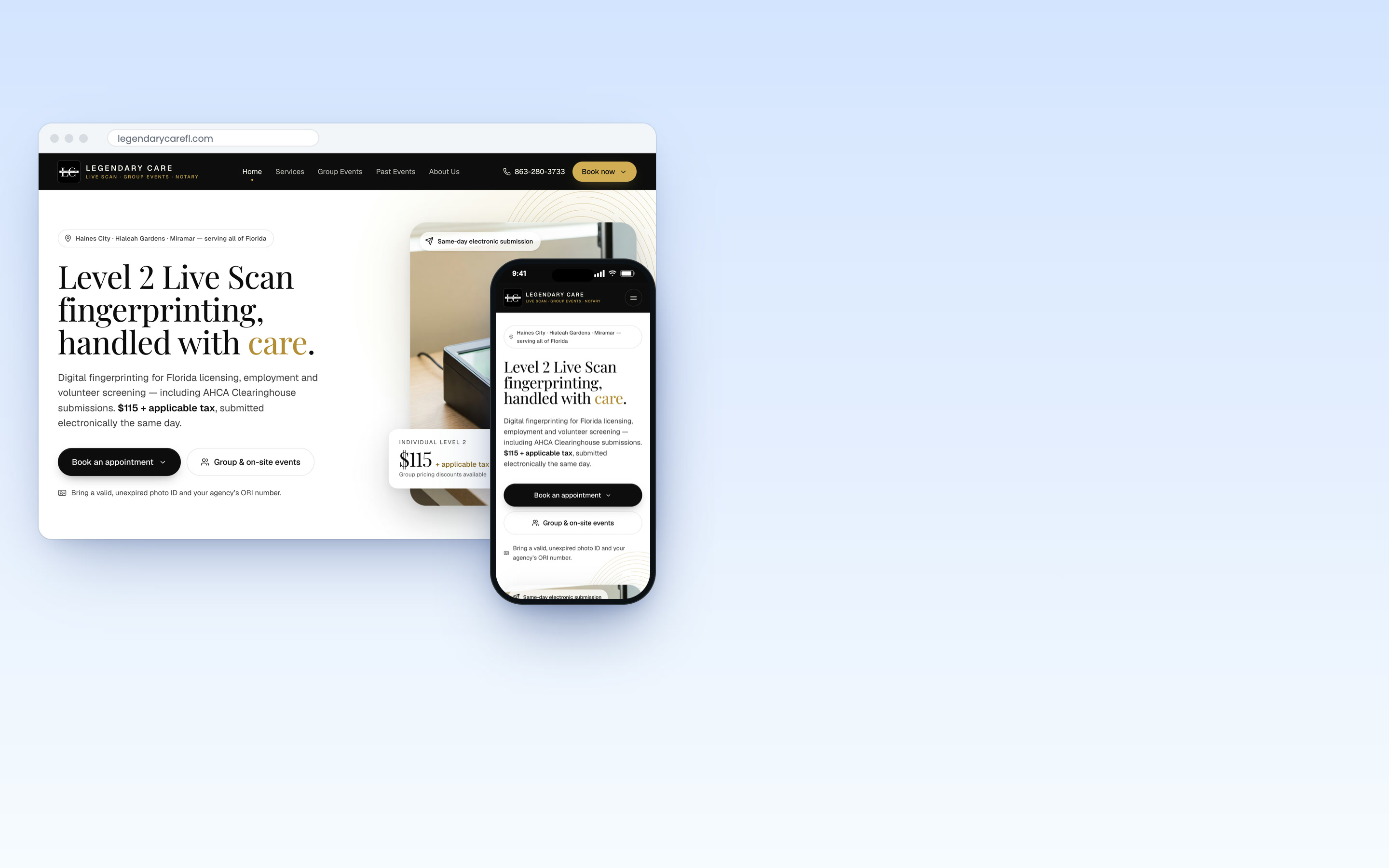 Legendary Care website built by Markito, shown in a desktop browser and on a phone