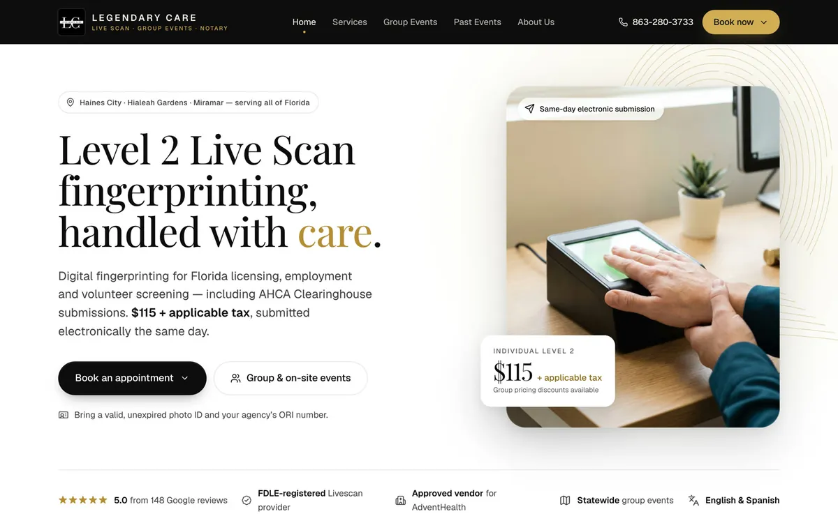 Legendary Care website after the Markito redesign