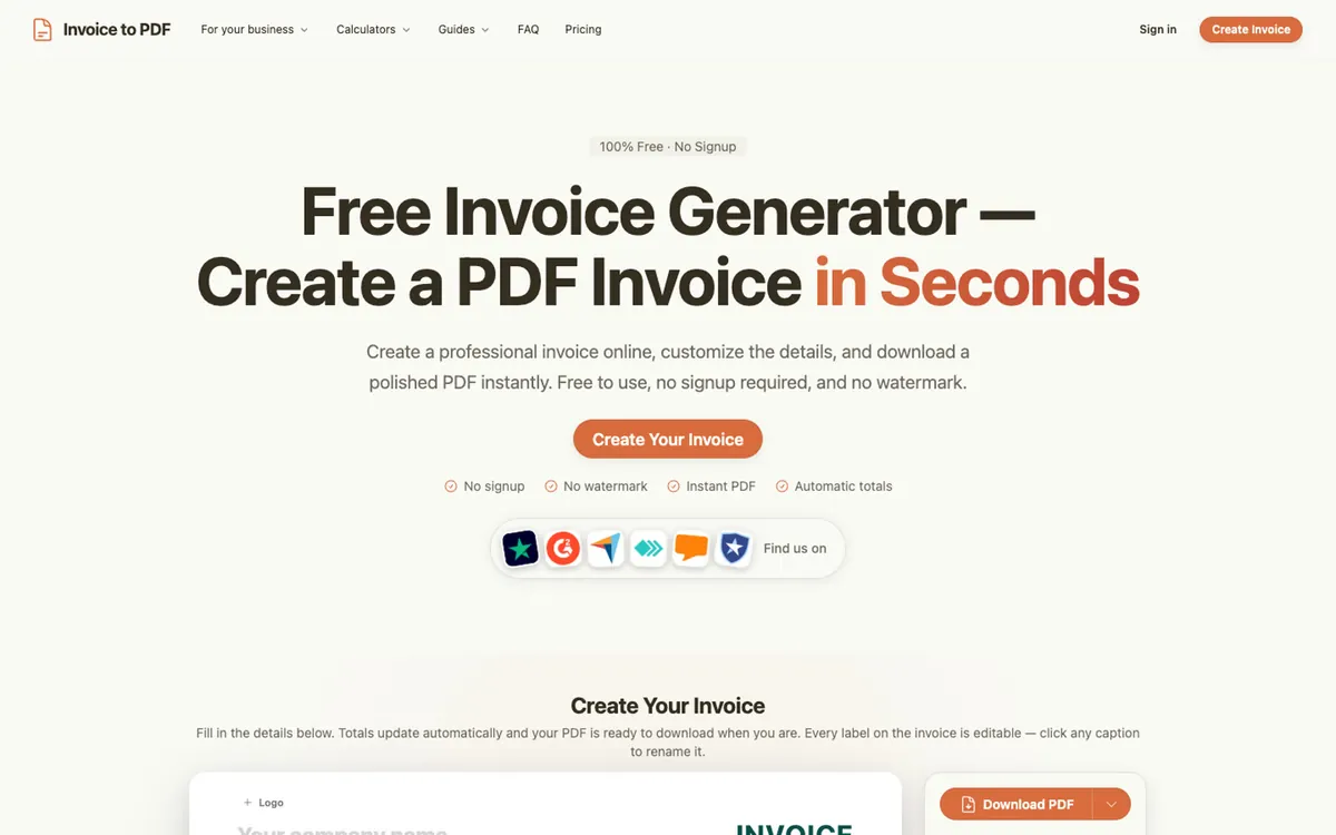 Invoice to PDF website before the redesign
