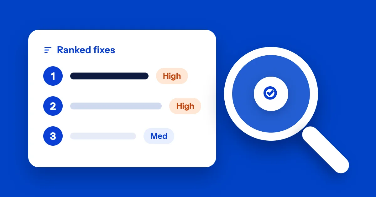 Illustration: a ranked list of website fixes under a magnifying glass